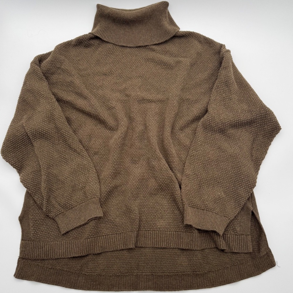 Free People Beach Green Brown Textured Turtleneck Sweater Oversized Knit Large